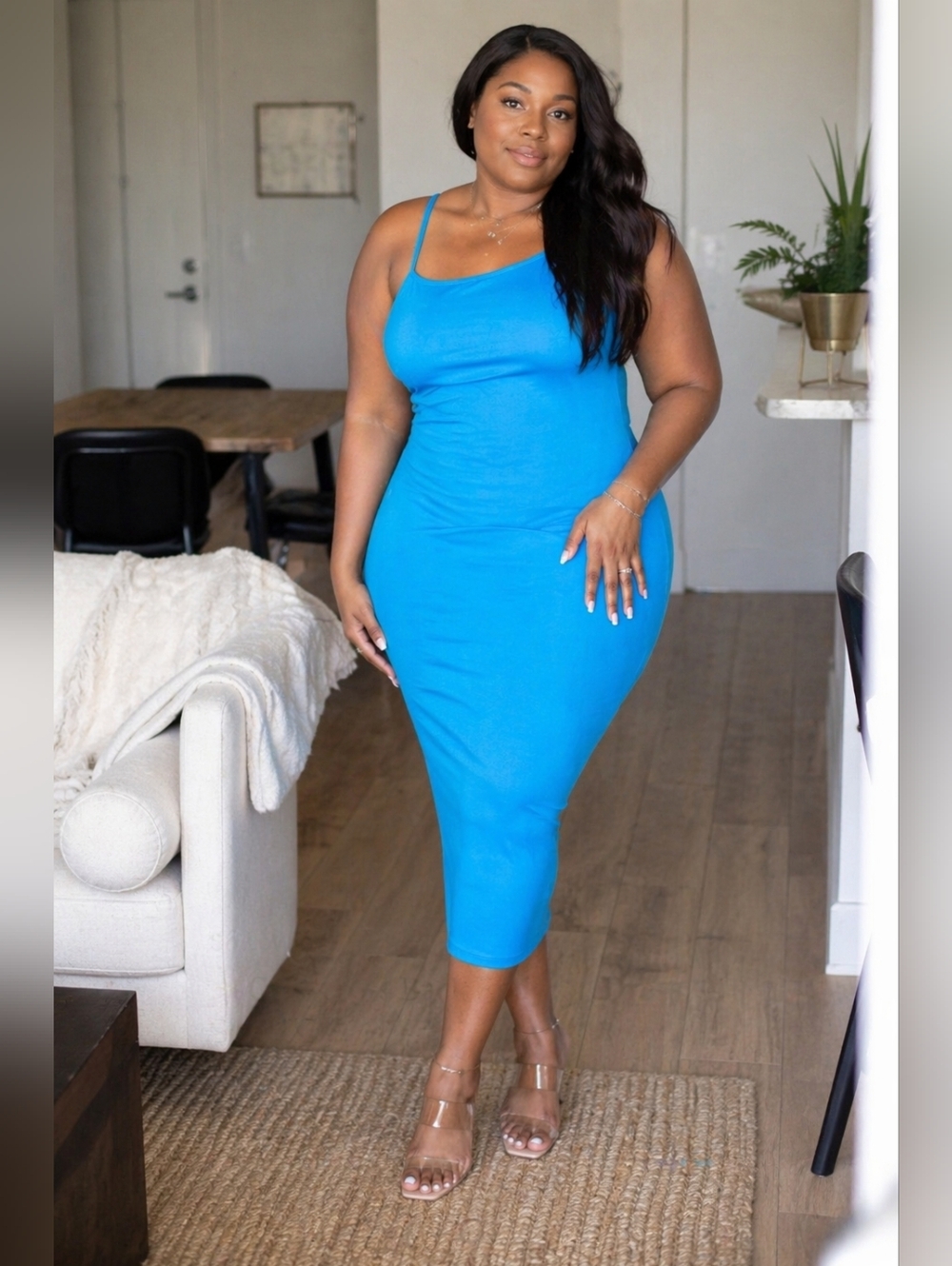Blue Crisscross Back Bodycon Midi Dress | Curve Hugging Chic - Picture 1 of 4